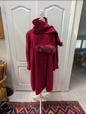 Women's Red Mohair Wool Blend Long Coat with Fur Trim